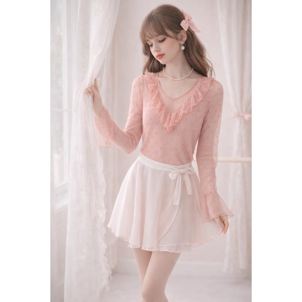 Soft Pink Polka Dot Sheer Mesh Ruffle V-Neck Bell Sleeve Top Small Coquette